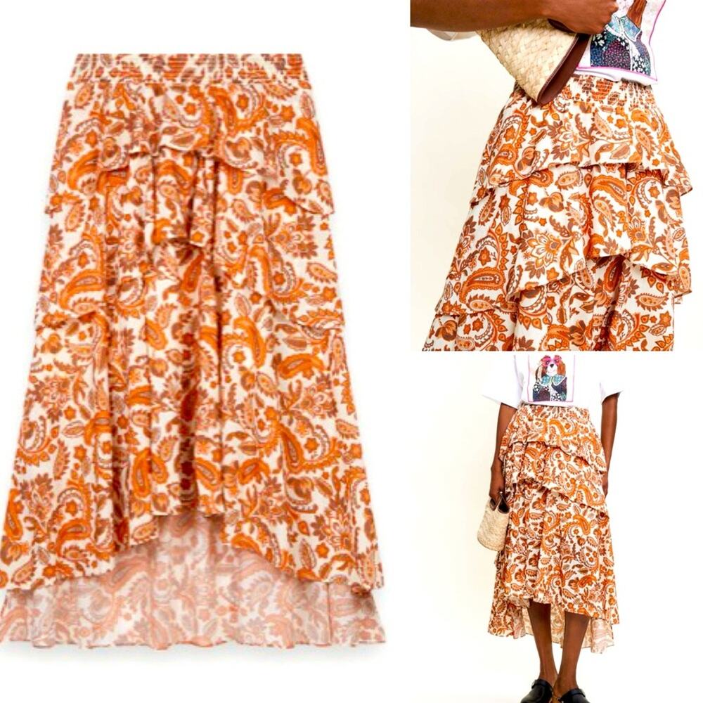 MAJE $345 Printed Orange Paisley Cotton Tiered Long Underskirt Skirt FR34 USXS